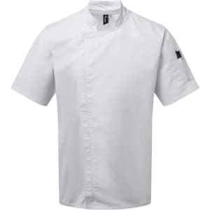 A white short-sleeve chef's jacket with a fold-over collar and a logo on the sleeve.
