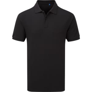 A black polo shirt with a collar and short sleeves, featuring a logo on the chest.