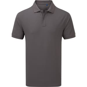 A grey polo shirt with a collared neckline and short sleeves, featuring a logo on the chest.