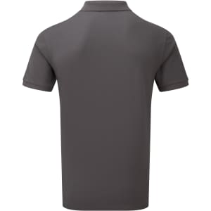 A grey polo shirt with short sleeves, featuring a collar and a logo on the back.