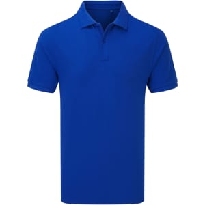 A blue polo shirt with a collar and short sleeves, featuring a logo on the chest.