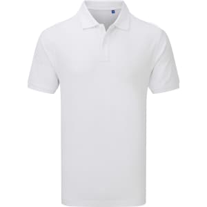 A plain white polo shirt with short sleeves and a collar, featuring a logo. Suitable for workwear.