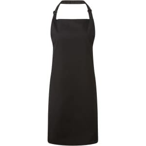 A black antimicrobial bib apron with an adjustable neck strap and a plain design. It features a logo.