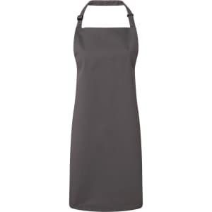A grey antimicrobial bib apron with a halter neck and adjustable straps, featuring a branding logo.