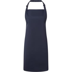 A navy blue antimicrobial bib apron with an adjustable neck strap and a plain design. It features a logo on a corner.