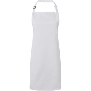 A white antimicrobial bib apron with adjustable neck strap and a branding logo.