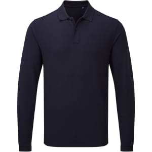 A navy long-sleeve polo shirt featuring a collar and a logo on the sleeve. Suitable for workwear.
