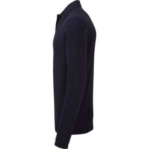 A navy blue work polo shirt with long sleeves and a collar, featuring a logo on the chest.