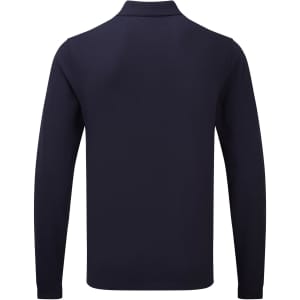 A navy polo shirt with long sleeves and a collar, featuring a logo on the back.