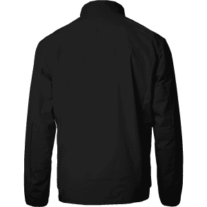 A black men's jacket featuring a collar and a simple design, with a logo on the back.