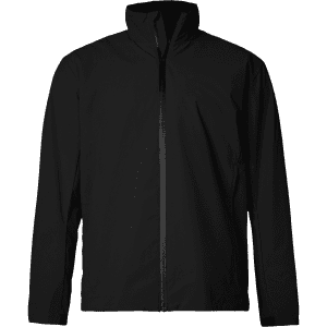 A black men's jacket with a front zipper and a high collar, featuring a logo on the chest.
