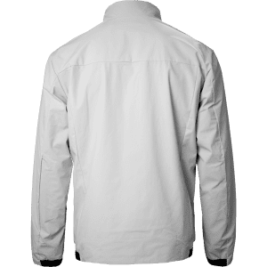 A grey men's jacket featuring a simple design and a logo on the back.
