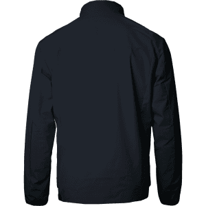 A dark navy men's jacket with a simple design and a collar, featuring a logo on the back.