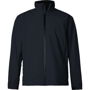 A navy jacket with a high collar and zip front, featuring a logo on the chest.