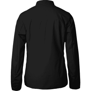 A black women's jacket featuring a classic design and a logo on the back.