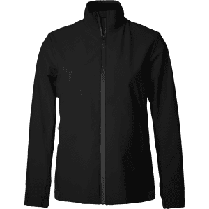 A women's jacket in black with a front zipper and a high collar. It features a logo on the side.