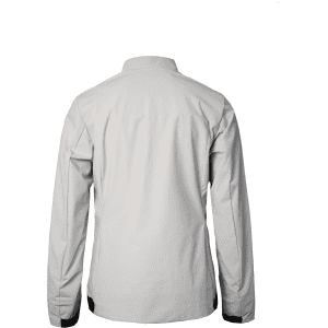A women's jacket in light grey with a simple design and a logo on the back.