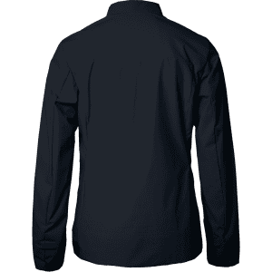 A women's jacket in navy blue, featuring a simple design with long sleeves and a collar. It has a logo on the back.