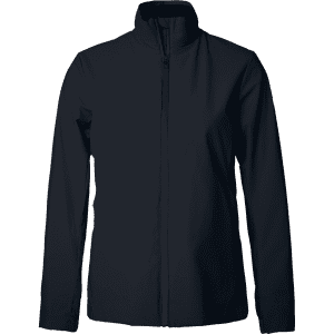 A women's jacket in navy blue, featuring a zip front and a high collar. It includes a logo on the design.