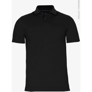 A black polo shirt made from organic cotton, featuring a collar and short sleeves, with a logo.