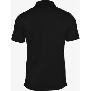A black polo shirt with a short sleeve and a collar, featuring a logo on the back.