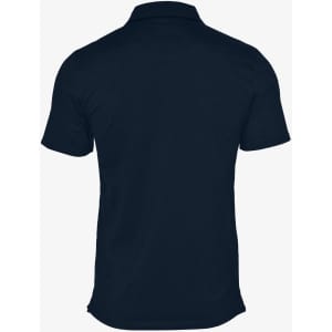 A navy polo shirt with a classic design featuring a collar and short sleeves. It has a logo on the chest.