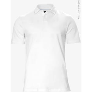 A white polo shirt made of organic cotton, featuring a collar and short sleeves, with a logo on the chest.