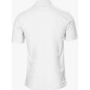 A white polo shirt viewed from the back, featuring a logo on the upper side.