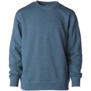 A blue crew sweatshirt featuring long sleeves and a simple design, with a visible logo on the front.