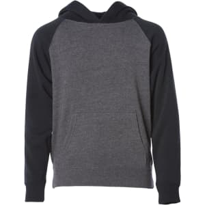 A pullover hoodie featuring a mix of grey and black colours, with a front pocket and a hood. It has a logo.