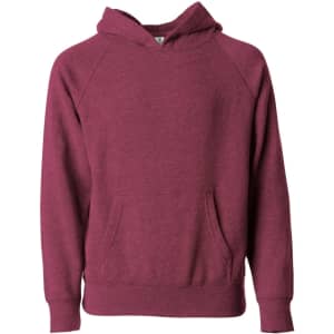 A maroon toddler pullover hoodie featuring a front pocket and a hood, with raglan sleeves and no visible branding.