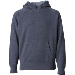 A navy blue toddler pullover hoodie with a front pocket and a hood. Features branding on the fabric.