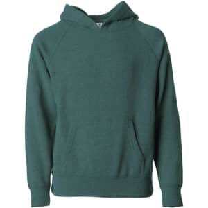 A green pullover hoodie featuring a front pocket and a hood, with raglan sleeves and a simple design.