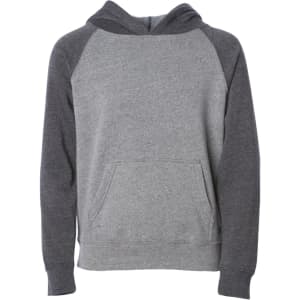 A pullover hoodie featuring a grey body and darker grey sleeves, with a front pocket and a hood.