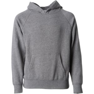 A grey pullover hoodie with a front pocket and a hood, featuring raglan sleeves. It has a logo on the front.