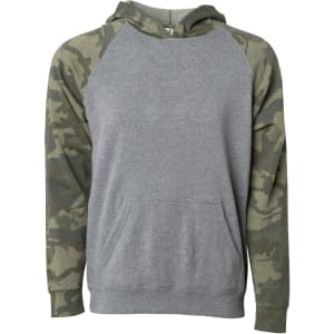 A grey pullover hoodie with camouflage sleeves and a front pocket. It features a hood and has a logo.