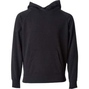 A black pullover hoodie with a front pocket and a hood, featuring a logo on one side.