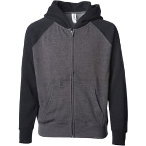 A zip hoodie featuring a black and grey design, with a kangaroo pocket and a hood. It has raglan sleeves.