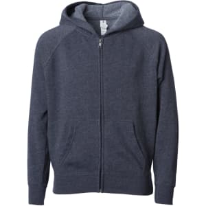 A navy toddler zip hooded sweatshirt featuring a front zipper and two pockets. The hoodie has a casual style.