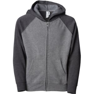 A grey zip-up hoodie featuring a darker grey raglan design and a front pocket. It has a logo on the label.