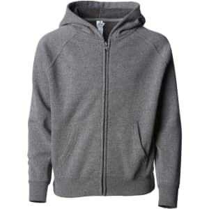 A grey zip hoodie for toddlers, featuring a hood and front pockets. It has a logo on the sleeve.