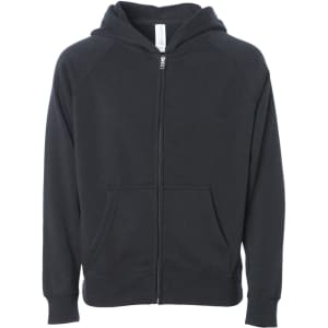 A black zip-up hoodie for toddlers featuring a front pocket and a hood, with branding visible.