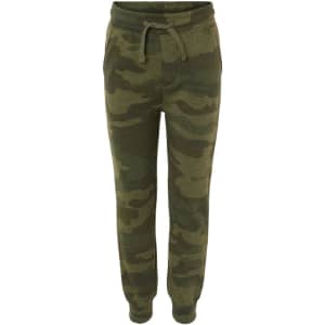 A pair of toddler sweatpants in a green camouflage pattern with an elastic waistband and drawstring.