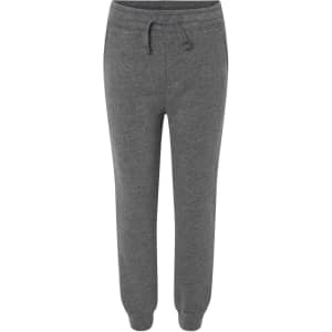 A pair of grey toddler sweatpants featuring an elastic waistband and cuffs, with a branding logo.