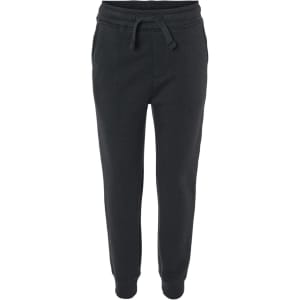 A pair of black toddler sweatpants featuring an elastic waistband and cuffed ankles. It has side pockets and a logo.