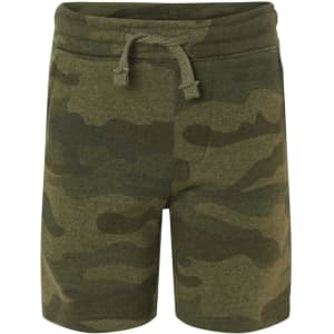 A pair of camouflage-patterned sweatshorts in shades of green, featuring an elastic waistband with a drawstring.