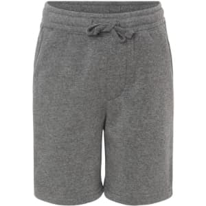 A pair of grey sweatshorts with an elastic waistband and drawstring, featuring a casual design.