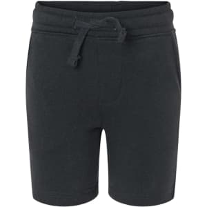 A pair of black toddler sweatshorts with an elastic waist and drawstring, featuring a front pocket and a logo.