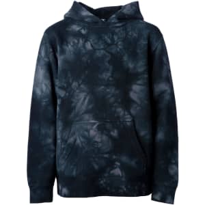 A tie-dye pullover hood in dark navy and black, featuring a front pocket and a hood. Includes a logo.