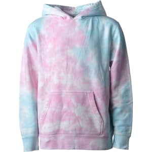 A youth pullover hoodie in a pastel tie-dye pattern, featuring shades of pink and blue, with a front pocket and hood.